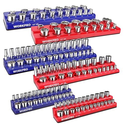 WORKPRO Magnetic Socket Organizer Set, 6-Piece Socket Holder Set Includes 1/4', 3/8', 1/2' Drive Metric SAE Socket Trays, Holds 143 Pieces Sockets, Christmas Gift for Men(Socket not Included)