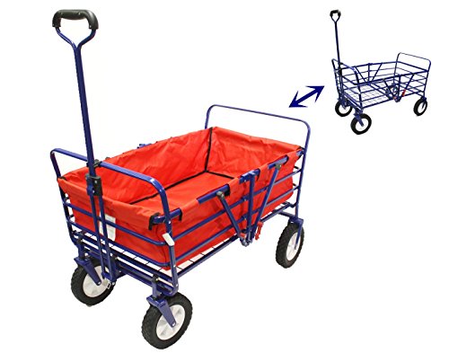 Everyday WonderFold Outdoor 2-in-1 Heavy Duty Folding Wagon Field Work Garden Utility Cart - Sapphire Blue Wagon with Removable Red Bag