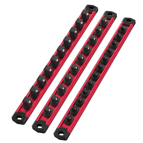 WORKPRO Magnetic Socket Organizer Set, 3-Piece Aluminum Alloy Socket Rail, Heavy Duty Socket Holder, Socket Rack Kit 1/4-Inch x 12 Clips, 3/8-Inch x 10 Clips, 1/2-Inch x 10 Clips (Red)