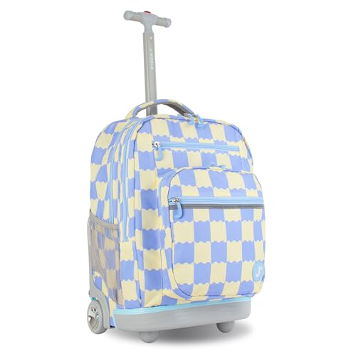 J World Sundance Laptop Rolling Backpack for Girls Boys. Roller Bookbag with Wheels, Wiggle Blue