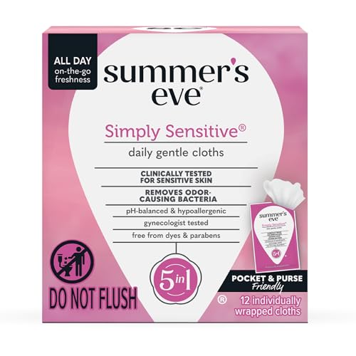 Summer's Eve Simply Sensitive Feminine Wipes, Gentle pH-Balanced Micellar Water Based Formula Helps Control Vaginal Odor, Individually Wrapped Wipes, 12 Count