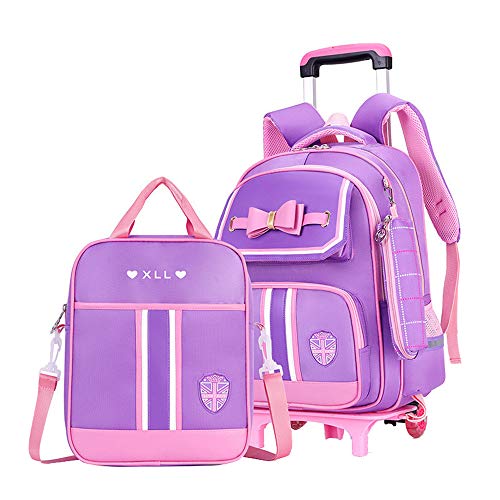 Rolling Backpack for Girls Cute Trolley Bags Primary School Bookbags with Wheels Kids Carry-On Wheeled Backpack with Lunch Bag
