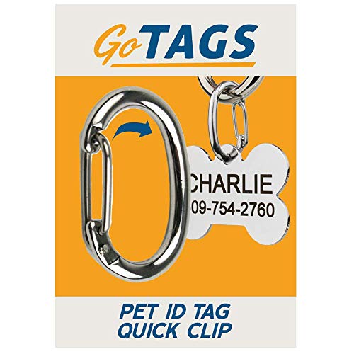 GoTags Pet ID Dog Tag Clip, Strong Durable Dog and Cat Tag Connector, Quick Clip to Pet Collars, Easy Upgrade for Split Ring, Mini Carabiner Made of Stainless Steel, Pack of 1