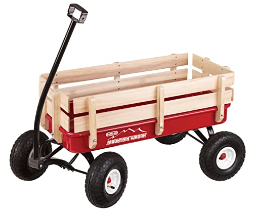 Duncan Mountain Wagon - Pull-Along Wagon for Kids with Wooden Panels, All Terrain Tires, Wide Grip Handle, Wide Wheel Base Red 41” x 22” x 38.5”