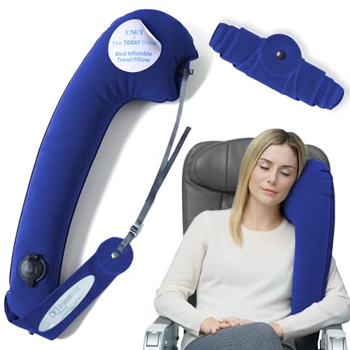 TRAVELREST Ultimate Inflatable Travel Neck & Body Pillow - Travel Essentials, Comfort and Upper Body Support, Airplane Neck Pillow for Long Flight, Straps to Airplane Seat & Car, for All Ages - Blue