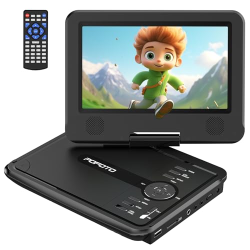 POFOTO 9.5' Portable DVD Player for Kids and Car with 7.5' Swivel Screen, 4-6 Hour Working Time, Car DVD Player with Dual Speakers, Remote Control, Support Sync TV, Region Free USB/SD/AV- Black