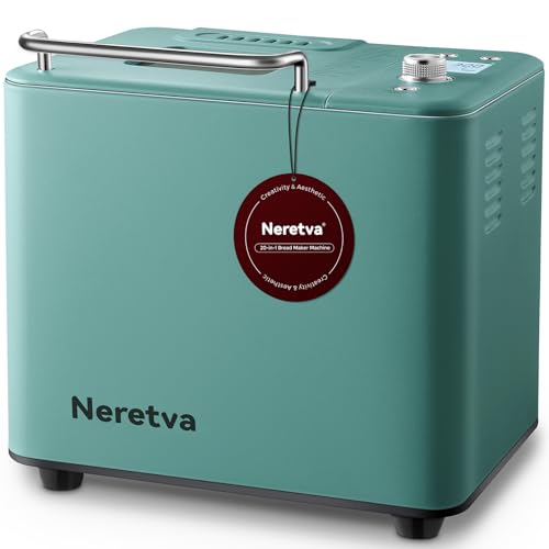 Neretva Bread Maker, 20-IN-1 2LB Bread Machine Dual Heater Bread Maker Machine Automatic with Nonstick Ceramic Pan, 15H Timer & 1H Keep Warm Set, Low Noise, Stainless Steel Breadmaker Recipe-Green