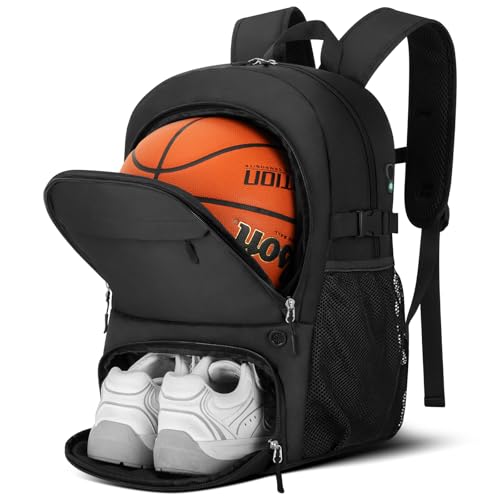 OCKLILY Basketball Backpack - Large Basketball Equipment Bag with Ball Holder & Shoe Compartment, Sport Bags for Basketball, Soccer, Volleyball, Gym, School and Travel, Black