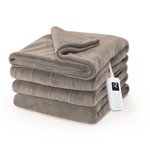 Sunbeam Electric Royal Luxe Microplush Heated Blanket, 12 Heat Settings, 12-Hour Selectable Auto Shut-Off, Fast Heating, Warm and Cozy, Mushroom Color, Full, 84' x 72'