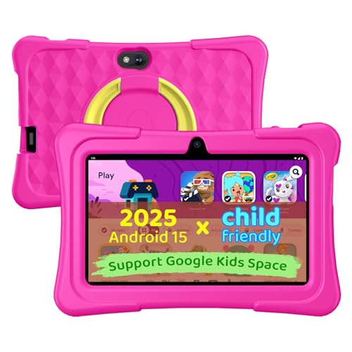 Kids Tablet, 7 inch Android 15 Tablet for Kids, 8GB+32GB 1TB Expand, Quad-Core Toddler Tablets with Shockproof Case, BT5.0, WiFi 5, Parental Control, Games, Dual Camera (Rose)