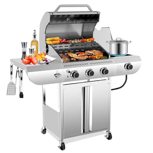 Electactic 3-Burner Propane Gas Grill with Side Burner – 34,000 BTU Stainless Steel Outdoor BBQ Grill, Cast Iron Grates, Portable with Wheels for Patio, Camping