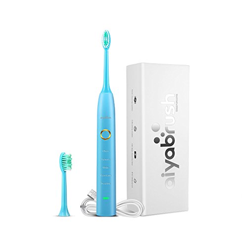 Aiyabrush Electric Toothbrush Sonic Rechargeable Toothbrush with 5 Brushing Modes 2 Replacement Heads 6 Hours Charge Minimum 100 Days Use -Blue