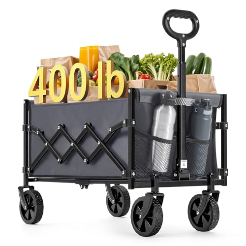 SONGMICS Small Collapsible Wagon with 400 lb Dynamic Weight Capacity, Foldable Wagon Cart, Folding Camp Cart with Wheels, for Outdoor, Yard, 90 L, Slate Gray UGFW909G01