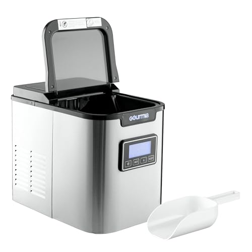 Gourmia GI500 Electric Countertop Ice Maker Machine - Compact and Portable - Digital Timer - 3 Cube Sizes - 2.5 Qt Water Tank - 10 Minute Ice - Makes Over 26 lbs a Day - Bonus Scoop - Stainless Steel