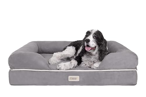 Friends Forever Large Dog Bed, Orthopedic Pet Sofa Memory Foam Mattress, Calming Dog Couch, Wall Rim Pillow, Water Resistant Liner, Washable Cover, Non-Slip Bottom, Chester, Large Grey