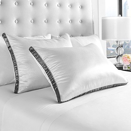 Restorology Genius Pillow (2-Pack) - Hotel Quality Plush Cooling Gel Fiber Filled Pillow with Sateen Gusset - Hypoallergenic - Queen