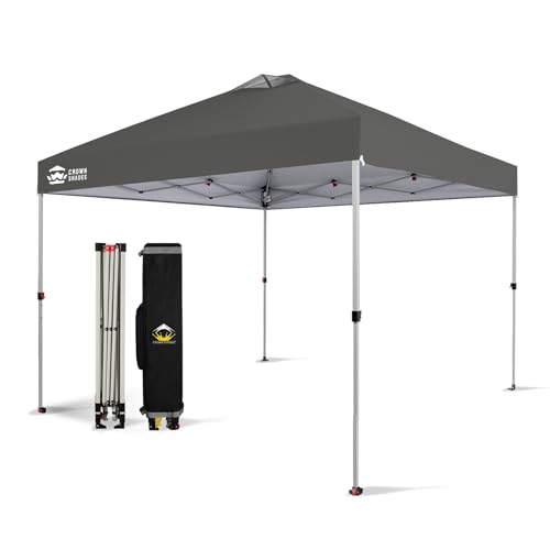 CROWN SHADES 10x10 Pop Up Canopy - Beach Tent with One Push Setup - Easy Outdoor Sun Shade Shelter for Events, Parties - Gazebo with STO-N-Go Cover Bag, Silver Coated Top, Grid Grey