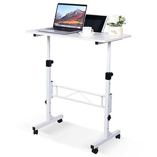 KLSMYHOKI Portable Standing Desk Adjustable Height, Small Computer, Laptop, Mobile Stand Up Rolling Desk with Wheels, Table for Home Office, 16'x31.5' Height 27'-43.5', White