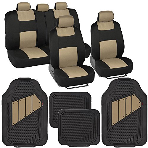 BDK PolyPro Black & Beige Car Seat Covers Full Set with Motor-Trend FlexTough All Weather Rubber Car Floor Mats - Front & Rear Split Bench Seat Covers for Cars & Matching Floor Mats for Car Interior