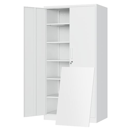 Yizosh Metal Storage Cabinet with Locking Doors and 5 Adjustable Shelves,- 72' Garage Storage White Steel Lockable File Cabinet for Office,Home,Garage