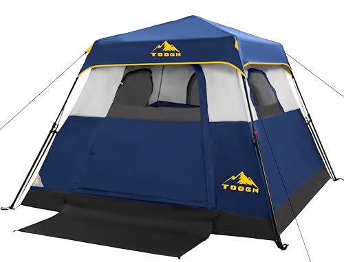 Toogh 3/4 Person Camping Tent with 1 Door, 4 Windows, and Upgraded Ventilation– Instant Setup, Waterproof, 8'x 8'x 67''Oxford Fabric Floor Pop Up in 60 Seconds Includes Rainfly and Backpack