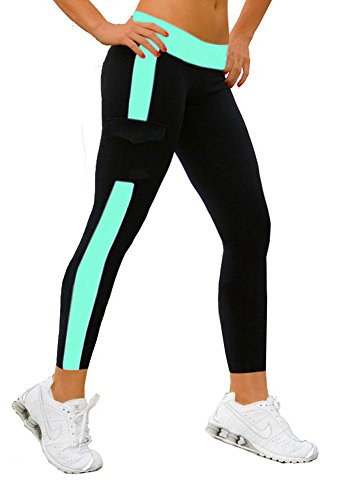 iloveSIA Women's Yoga Leggings Athletic Pants with Pocket Size L Black+Lake Blue