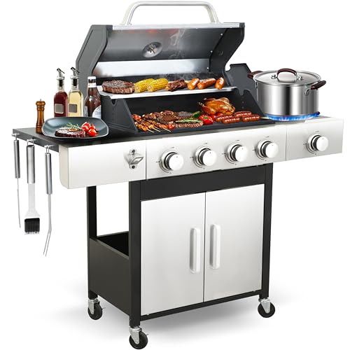 49000 BTU Output Propane Gas Grill with Side Burner and 4 Main Burners - Double-layer Stainless Steel Lid, Cast Iron Grids and Plate, Easy-Clean Grease Management for Perfect BBQs