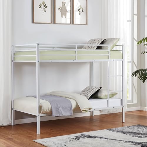 Metal Bunk Bed Twin Over Twin, Low Profile Bunk Bed Frame withBuilt-in Ladder, High Guardrail and Metal Slats, Space-Saving Twin Size Bed Frame for Kids Teens, No Box Spring Required, White