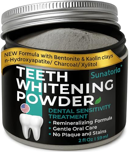 Teeth Whitening Powder – Remineralizing Tooth Powder with Nano-Hydroxyapatite, Xylitol, Charcoal + Bentonite Clay, Fluoride-Free Mint | Powder Toothpaste, Dental Sensitivity Treatments, 2 oz