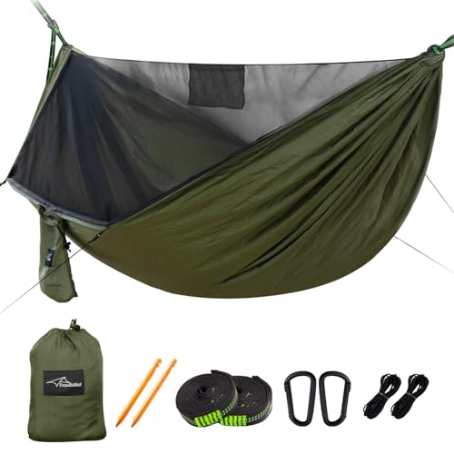 Travel Bird Camping Hammock with Mosquito Net and Ridge Rope, Extra Large for 2 Person, Lightweight Hanging Hammocks Tree Straps, All-in-one Fast Open Hammock for Outside, Hiking, and Travel