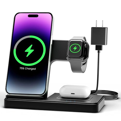 Wireless Charger iPhone Charging Station: 3 in 1 Charger Stand Multiple Devices for Apple - iPhone 16e 16 15 14 Pro Max 13 12 11 - Watch 10 9 8 7 6 5 4 3 2 SE and Ultra Series - Airpods 4 3 2 Pro
