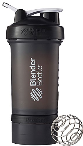 BlenderBottle Shaker Bottle with Pill Organizer and Storage for Protein Powder, ProStak System, 22-Ounce, Black/White