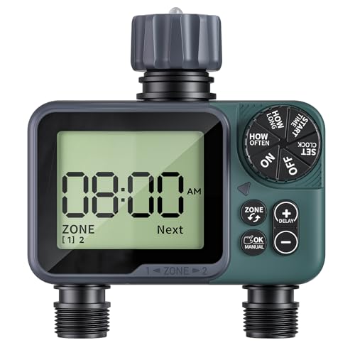 Sprinkler Timer 2 Zone, Programmable Water Timer for Garden Hose with Rain Delay, Manual and Automatic Irrigation Controller System, Waterproof Water Hose Timers for Yard, Lawn, Pool