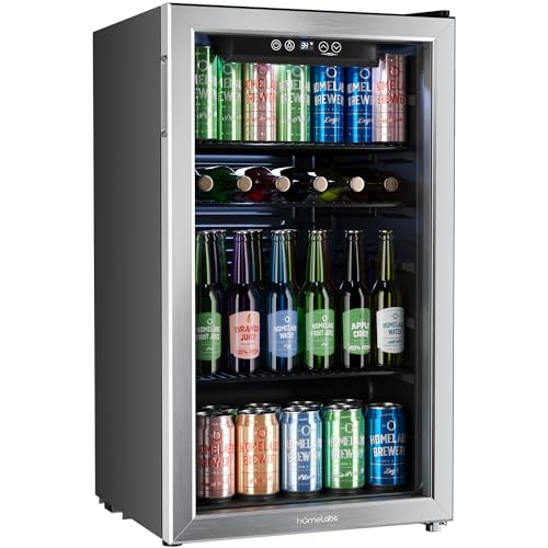 hOmeLabs Beverage Refrigerator and Cooler - Mini Fridge with Glass Door for Soda Beer or Wine - 120 Cans Capacity - Small Drink Dispenser Machine for Office or Bar with Adjustable Removable Shelves