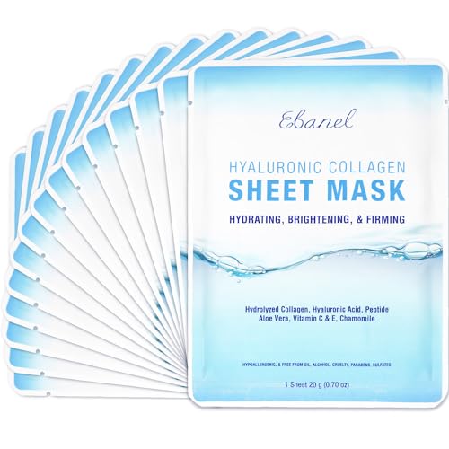 Ebanel 15 Pack Collagen Face Mask with Hyaluronic Acid, Vitamin C, Peptide, Aloe, Instant Brightening Hydrating Face Masks Skincare Korean Sheet Mask, Skin Firming, Lifting Anti Aging Facial Masks