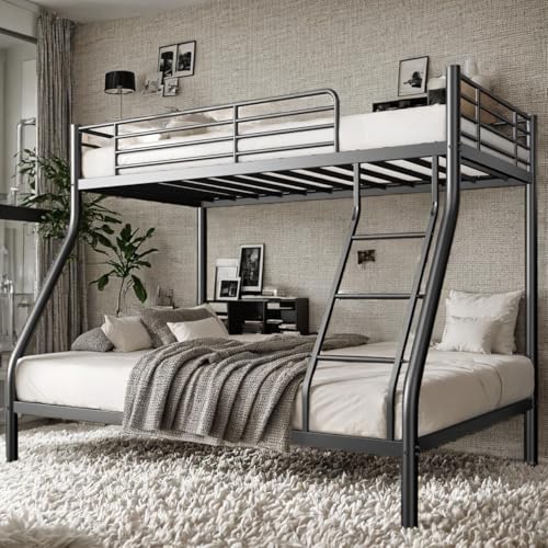 Metal Bunk Beds Twin Over Full Size with Ladder & Guardrail, Metal Bed Frame for Teens & Adults, Heavy Duty Sturdy Bunk Beds, Space Saving, No Box Spring Needed, Black