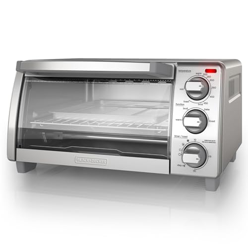 BLACK+DECKER 4-Slice Toaster Oven, TO1745SSG-1A, Even Toast, 4 Cooking Functions Bake, Broil, Toast and Keep Warm, Removable Crumb Tray, Timer