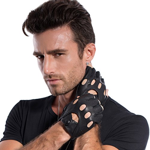 MATSU Mens Traditional Fingerless Leather Gloves,Half Finger,Driving Black Open Back M813