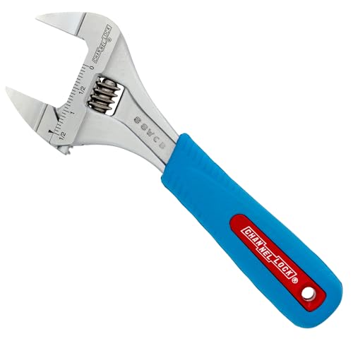CHANNELLOCK 8SWCB 8-inch CODE BLUE WideAzz Slim Jaw Adjustable Wrench, 1.5-inch Wide Mouth Jaw Capacity, Precise Jaw Design Grips in Tight Spaces, Measurement Scales for Easy Sizing Diameters