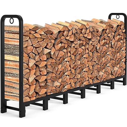 Amagabeli 8ft Firewood Log Rack Outdoor Heavy Duty Logs Holder for Fireplace Indoor Outdoor Adjustable Wood Racks for Fire Wood Holder Metal Pile Stand Storage Stacker Organizer Black