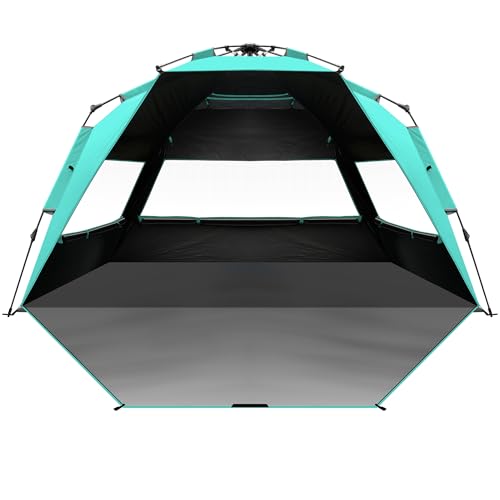 OutdoorMaster Beach Tent with Blackout Shelter Technology, Portable Sun Shade Shelter 4 Person, Pop Up Beach Tents with UPF 50+ UV Protection, 9.5mm Thick Pole, 3 Ventilating Mesh Windows -Green