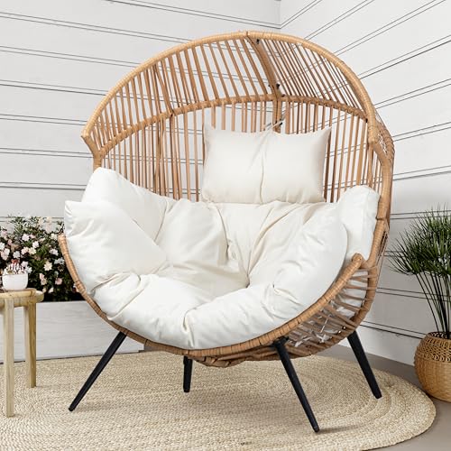 Shintenchi Wicker Egg Chair Outdoor Rattan Patio Chair with Cushion,Oversized Patio Lounge Chairs with Cushion Egg Basket Chair, Egg Seat for Indoor Living Room Bedroom Outside Patio Backyard Balcony