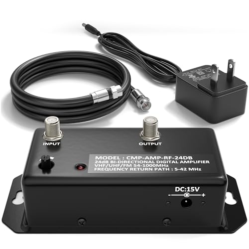 THE CIMPLE CO Antenna Amplifier Kit, Digital TV Signal Booster with Coax, Adjustable Gain, 24 dB Distribution, NTSC, ATSC, FM, UHF, VHF, 1000 MHz, Includes RG6 Coaxial Cable, Indoor Use Only