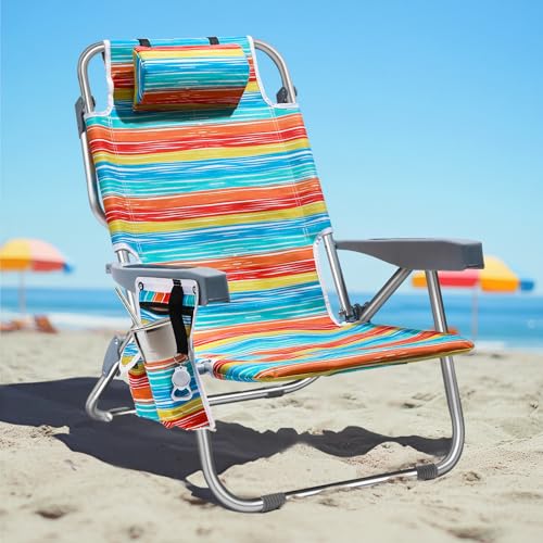 5-Position Aluminum Lay Flat Tall Beach Chair, Compact Portable Backpack Beach Chair for Adults with Cooler Pouch, Storage Pouch, Towel Bar, Holder, Multicolor Stripe