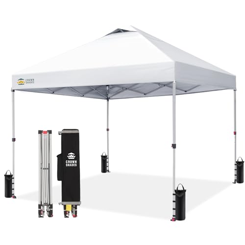 CROWN SHADES 10x10 Pop Up Canopy - Beach Tent with One Push Setup - Easy Outdoor Sun Shade for Events, Parties, Camping - Gazebo with STO-N-Go Cover Bag, Silver Coated Top, Grid White