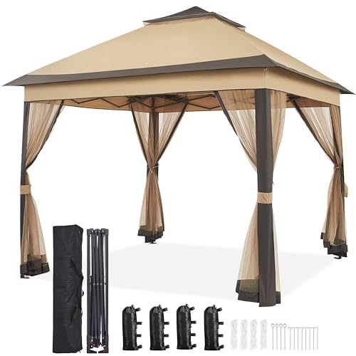 Yaheetech 11x11 Pop Up Gazebo Outdoor Canopy Shelter, Instant Patio Gazebo Sun Shade Canopy Tent with 4 Sandbags, Double Tiers & Mesh Netting for Lawn, Garden, Backyard & Deck, Khaki