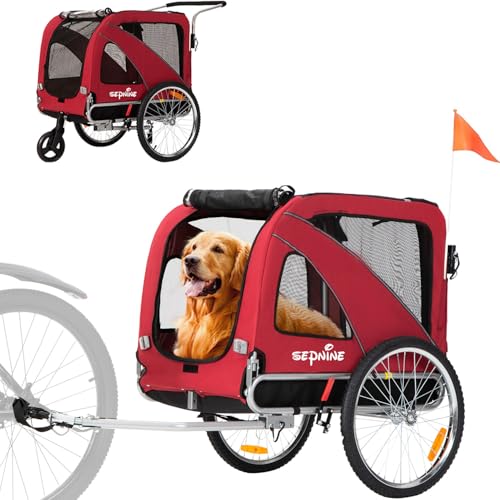 Sepnine Dog Cart of 2 in 1 Large Pet Dog Bike Trailer Bicycle Trailer, Foldable Frame with Hand Lock Brakes and Universal Bicycle Coupler (Red)