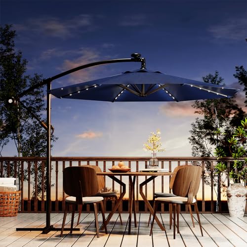 10FT Solar Lights Cantilever Umbrella outdoor patio, Offset Patio Umbrella with Easy Lift & Tilt Adjustment, UV Protection Fade Resistant for Deck, Pool, Garden, Navy Blue
