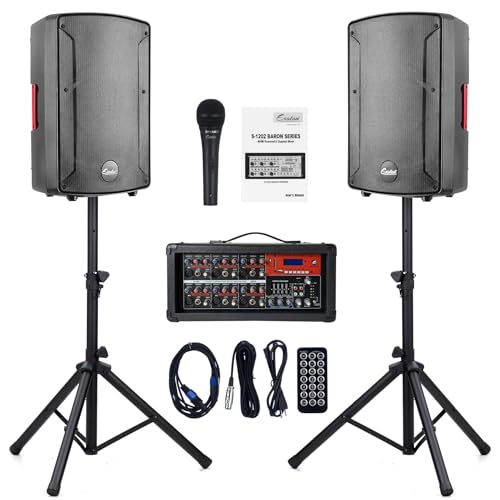EXOTON EXOTON S-1202 12inch 2000W Bluetooth PA System with Powered Mixer Set, Passive Speakers with 6 Channel Mixer/Stands/Mic/Effect Controller/ 48V Phantom Power,for Indoor&Outdoor