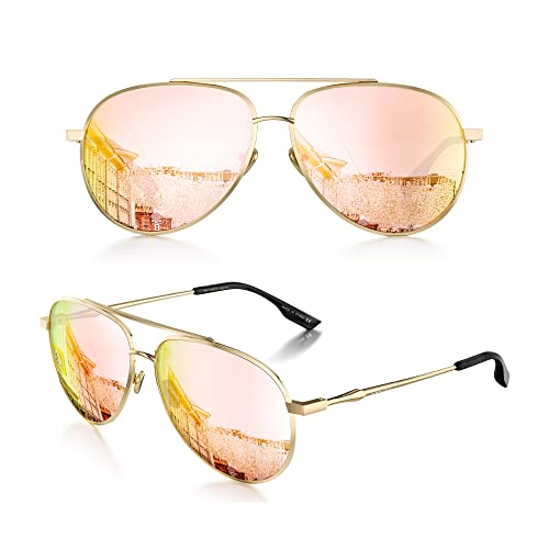 LUENX Aviator Sunglasses for Women Polarized - Driving Trendy Sun Glasses UV 400 Protection Pink Mirror Lens Gold Frame 60mm